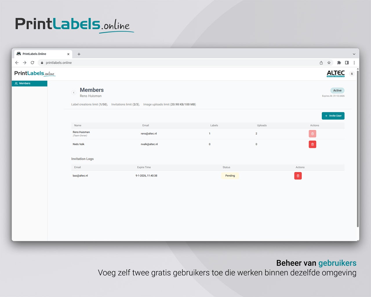 Beheeromgeving van PrintLabels.Online voor het uitnodigen en beheren van gebruikers binnen een gedeelde omgeving