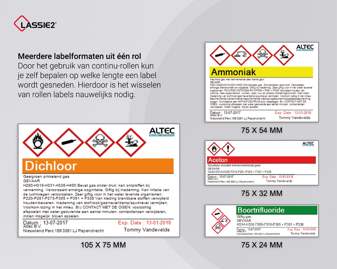 LASSIE2 software ondersteunt meerdere GHS labelformaten vanaf één labelrol voor efficiënte identificatie van gevaarlijke stoffen