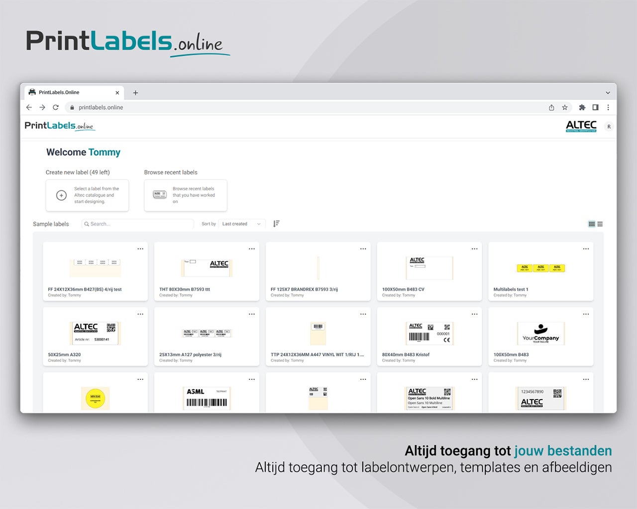 Startscherm van PrintLabels.Online met een overzicht van opgeslagen labels, templates en recente ontwerpen