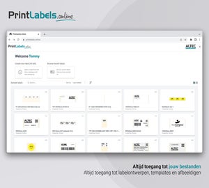 Startscherm van PrintLabels.Online met een overzicht van opgeslagen labels, templates en recente ontwerpen