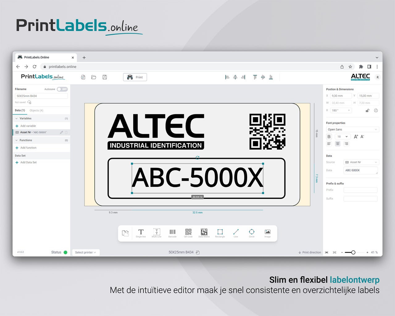 Online labeleditor van PrintLabels.Online met een geselecteerd tekstveld en eigenschappen voor het aanpassen van het labelontwerp