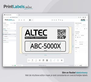 Online labeleditor van PrintLabels.Online met een geselecteerd tekstveld en eigenschappen voor het aanpassen van het labelontwerp