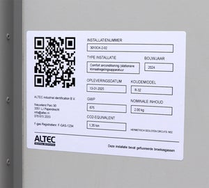 Climatools label met QR-code en installatiegegevens voor de identificatie van een koelinstallatie
