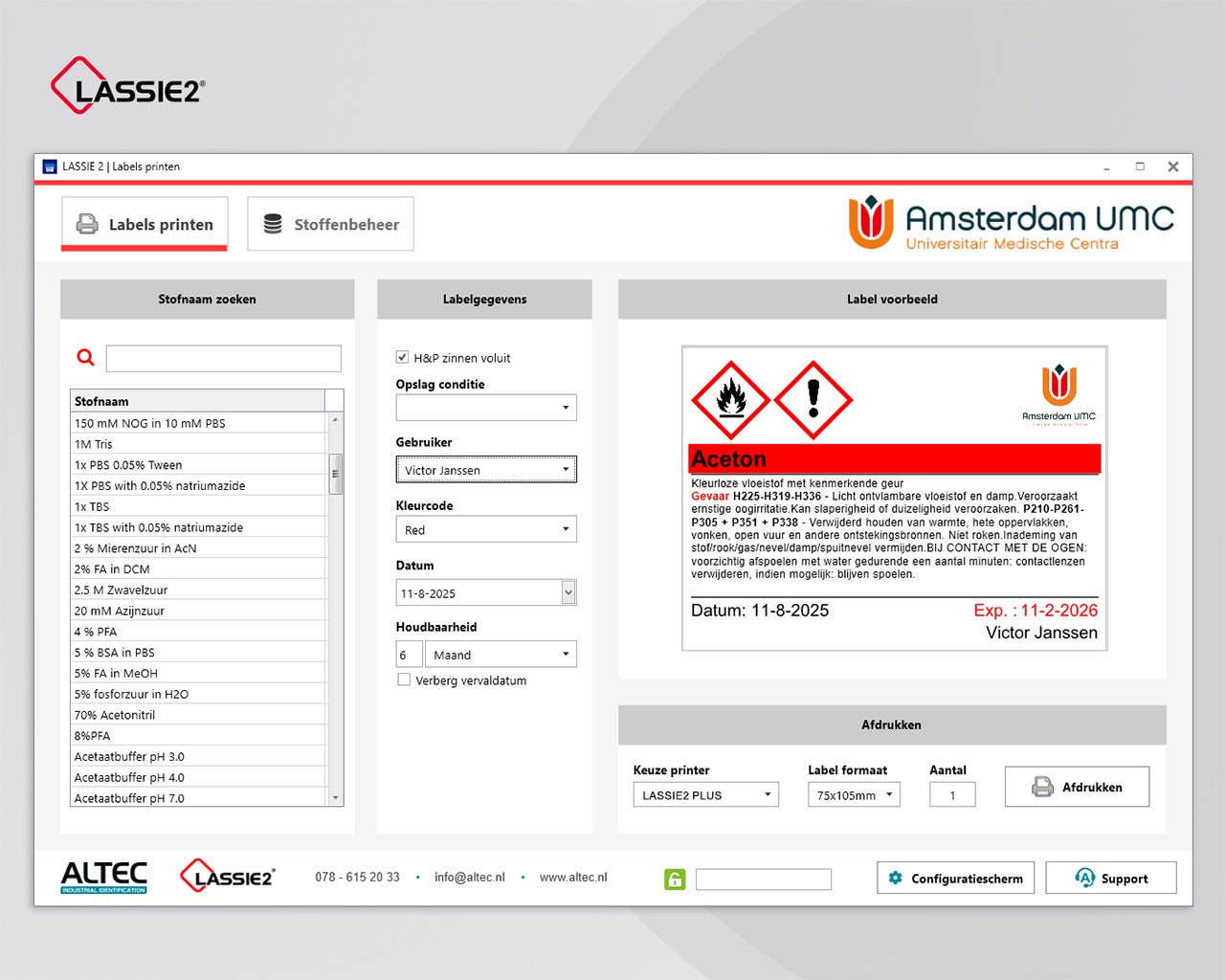 LASSIE2 software voor het printen van GHS labels met stofinformatie, gevarenpictogrammen en houdbaarheidsgegevens
