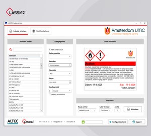 LASSIE2 software voor het printen van GHS labels met stofinformatie, gevarenpictogrammen en houdbaarheidsgegevens