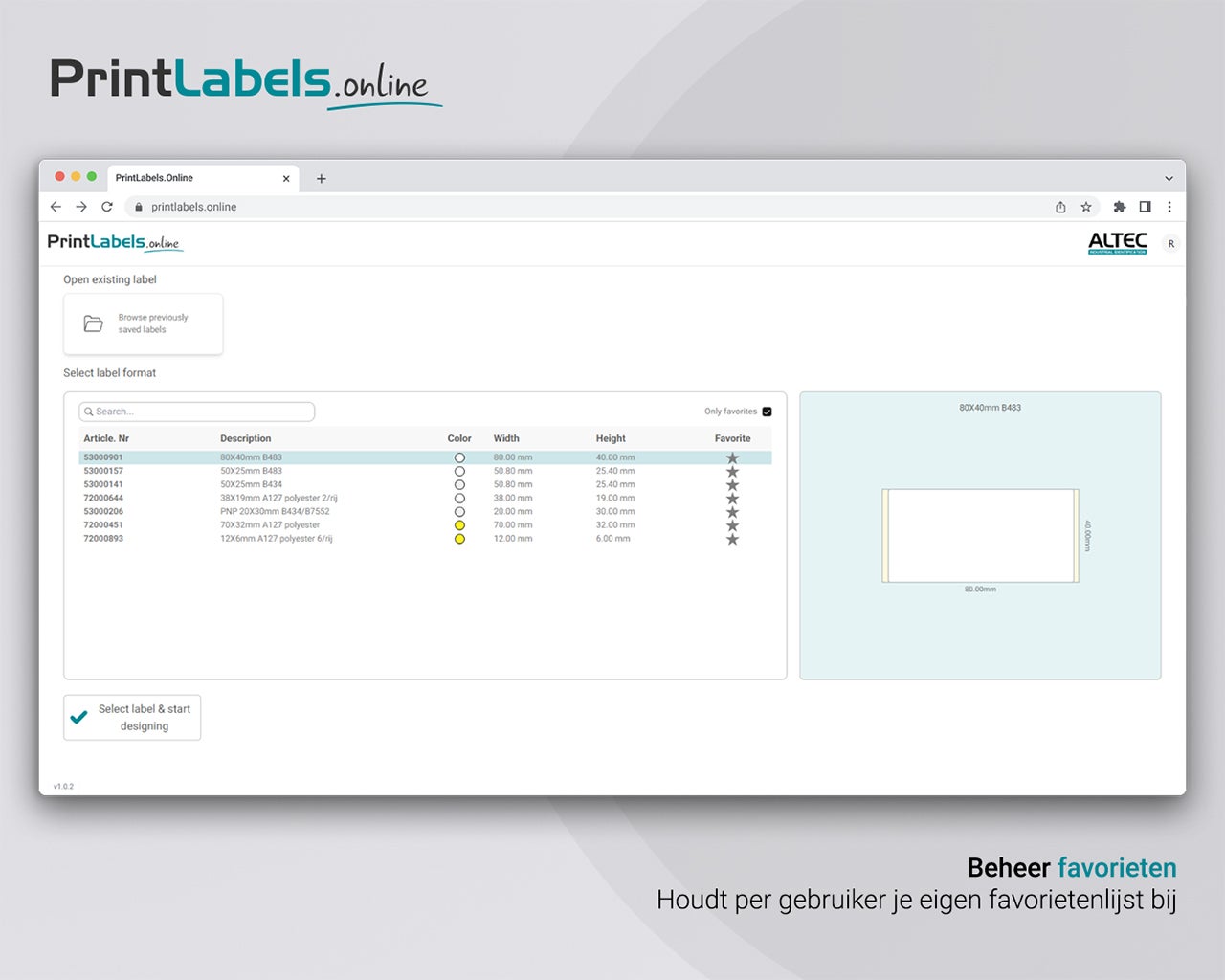 Overzicht in PrintLabels.Online waarin gebruikers favoriete labelmaterialen kunnen selecteren en beheren
