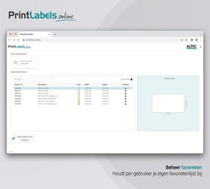 Overzicht in PrintLabels.Online waarin gebruikers favoriete labelmaterialen kunnen selecteren en beheren