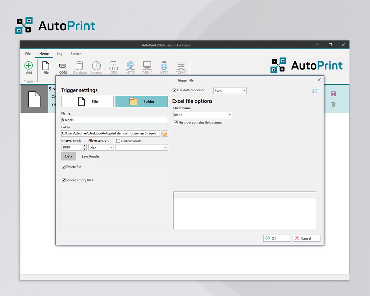 Overzicht van triggeracties in AutoPrint waarmee labels automatisch worden geopend, gevuld met data en afgedrukt