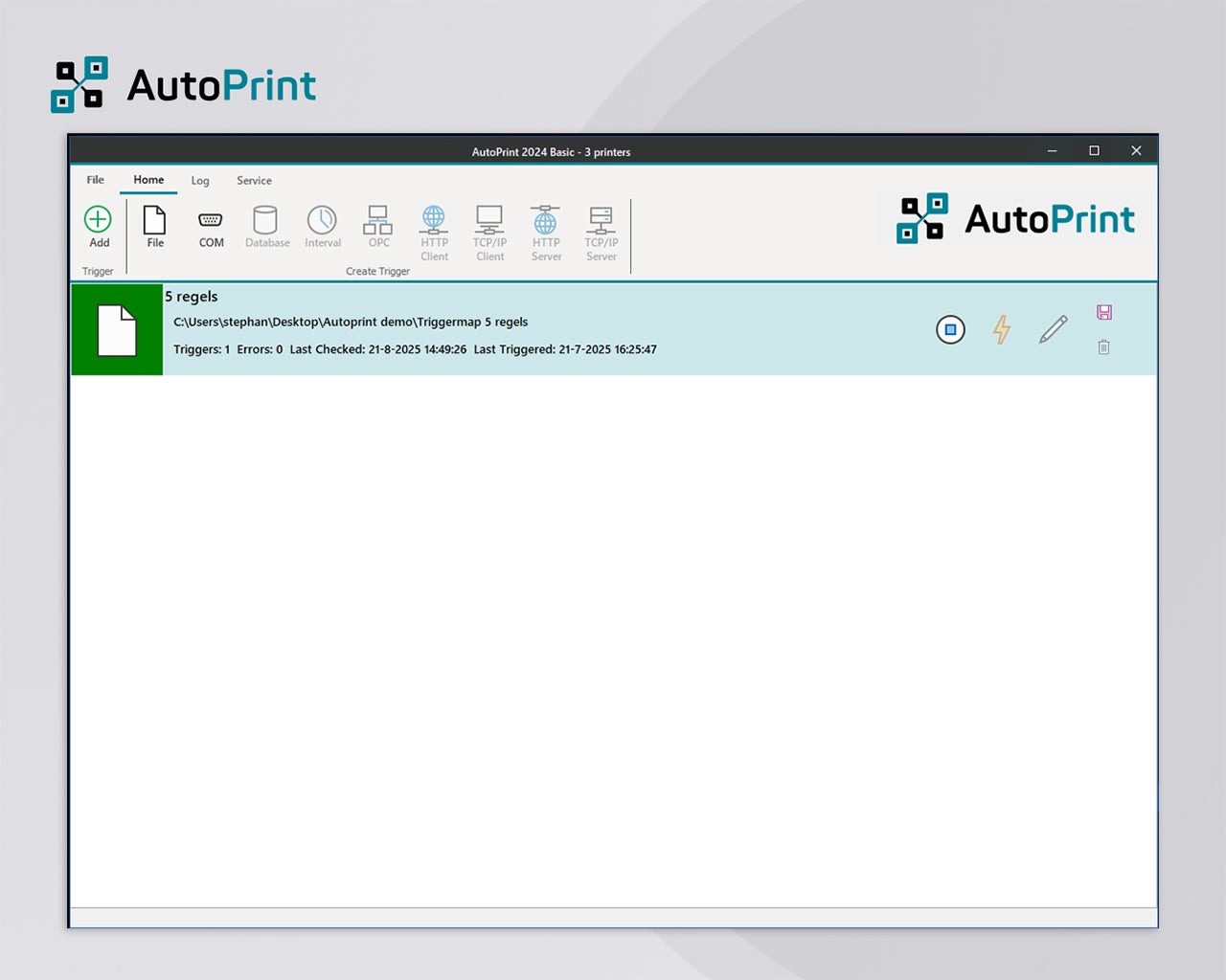 Hoofdscherm van AutoPrint met een actief triggerprofiel voor het automatisch verwerken en afdrukken van labelgegevens