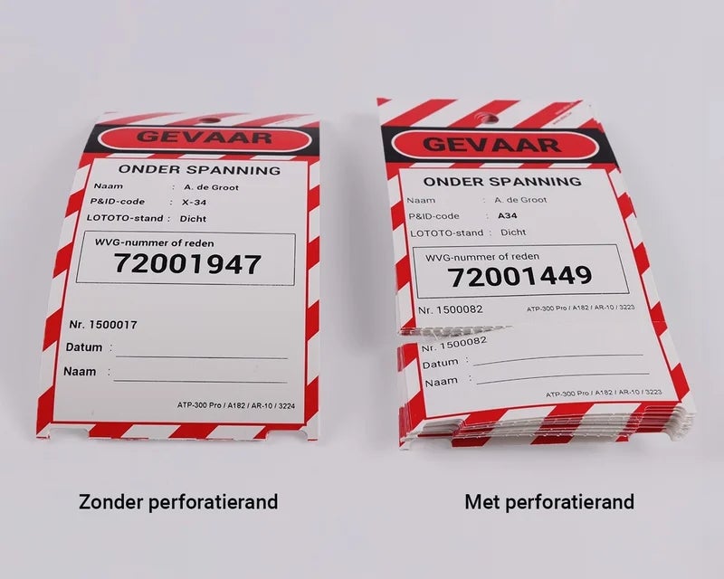 Voorbedrukte gevarentags met en zonder perforatierand
