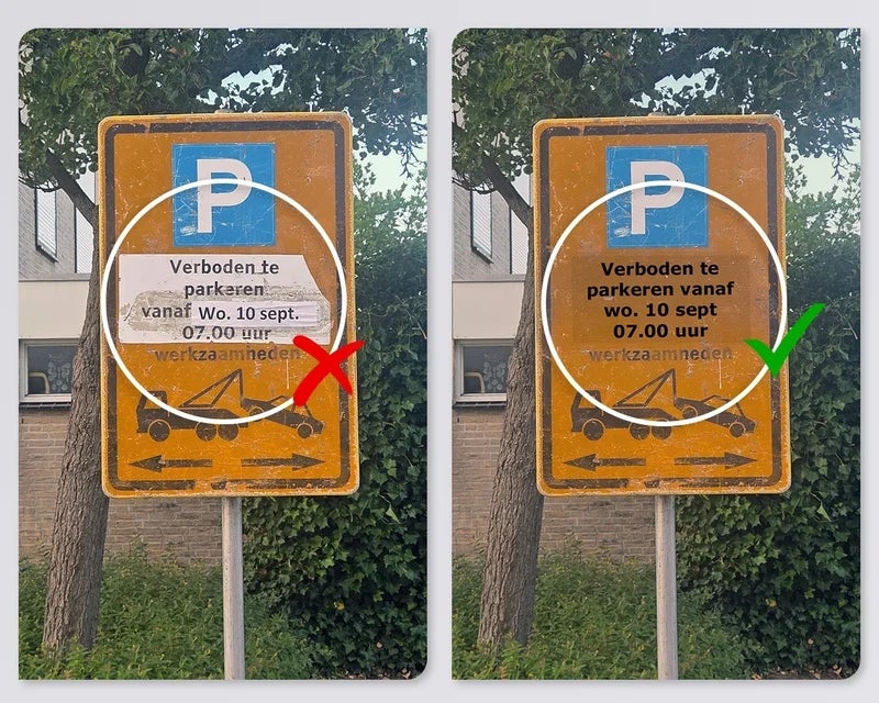 Verwijderbaar PeelPro label op verkeersbord met tijdelijke parkeerinformatie