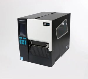 Voorzijde van de ATP-3000 industriële labelprinter met bedieningspaneel en transparant zijvenster