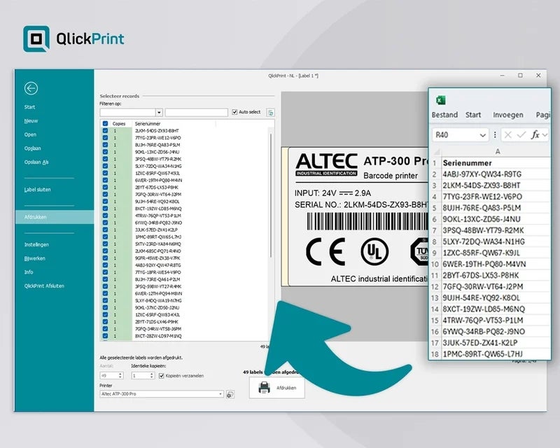 QlickPrint gekoppeld aan een Excel-bestand voor het automatisch vullen en printen van labels met variabele gegevens zoals serienummers
