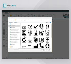 QlickPrint met geopende bibliotheek waarin diverse industriële symbolen, keurmerken en pictogrammen kunnen worden toegevoegd aan labels