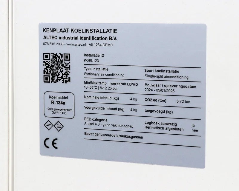 Kenplaat op koelinstallatie volgens de BRL-100