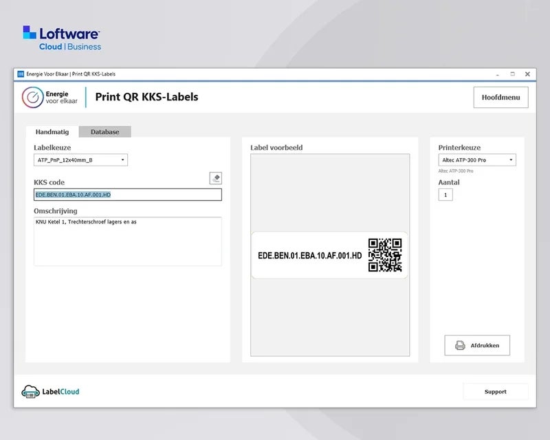 Loftware Cloud Business applicatie voor het genereren en afdrukken van QR KKS-labels voor technische installaties