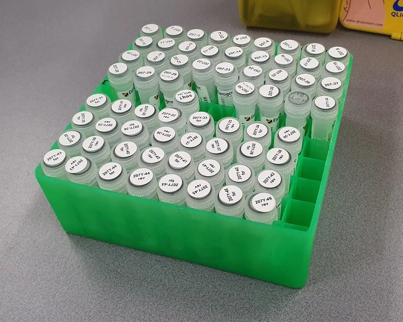 Groene cryobox gevuld met tientallen transparante laboratoriumbuisjes waarvan de doppen zijn voorzien van ronde witte cryogene labels met zwarte tekst