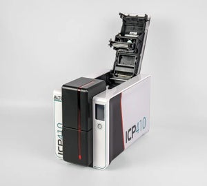 ICP-410 cardprinter met geopend bovendeel