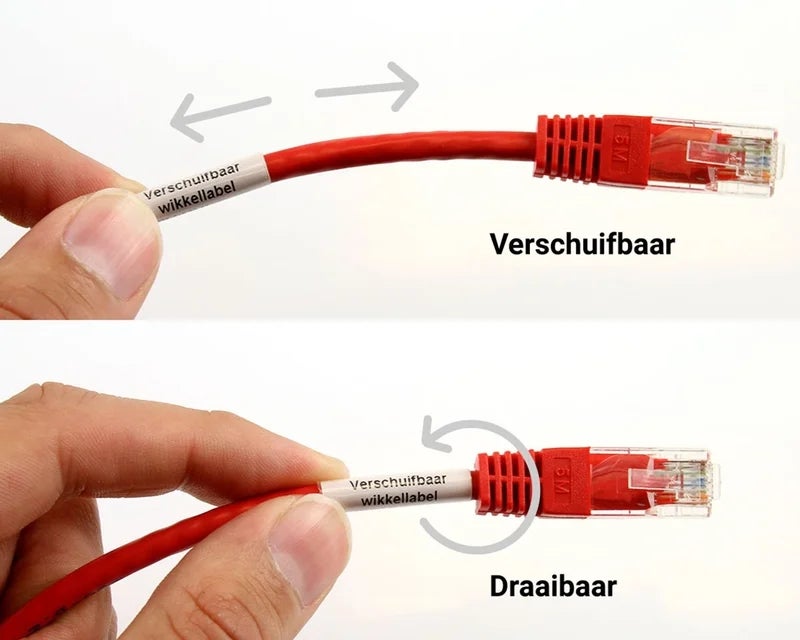 Illustratie van verschuifbaar en draaibaar kabellabel op rode netwerkkabel