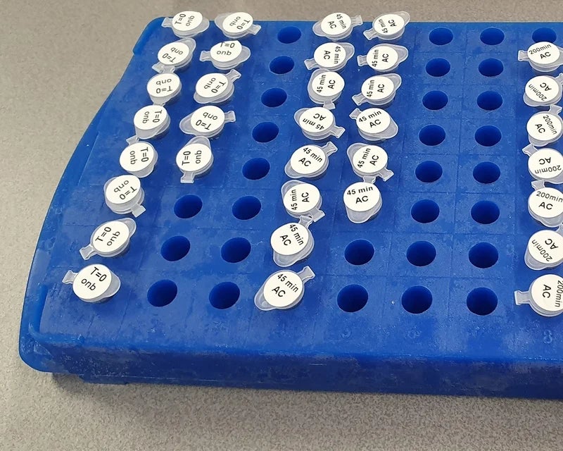 Transparante microbuisjes met ronde witte cryogene labels geplaatst in een houder