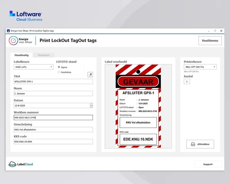 Loftware Cloud Business applicatie voor het afdrukken van Lockout Tagout tags met variabele veiligheids- en werkordergegevens