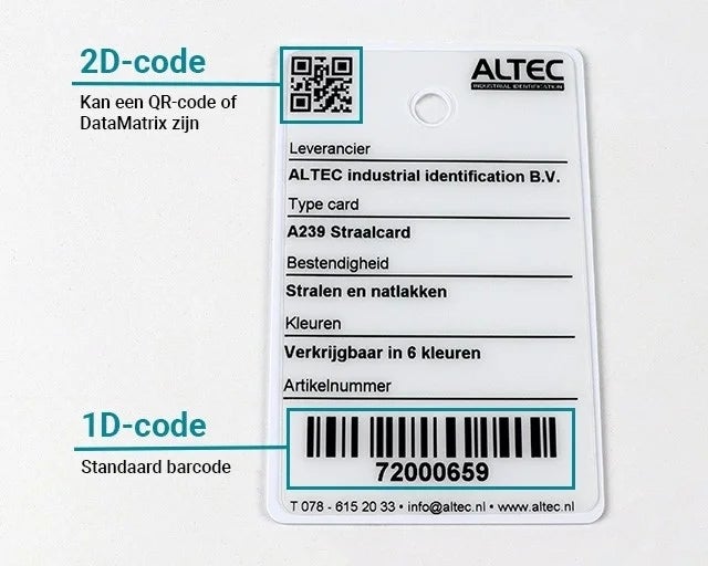 Voorbeeldkaart met een 1D-barcode en een 2D-code (QR-code) die door de Altec barcodescanner kunnen worden gelezen