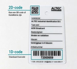 Voorbeeldkaart met een 1D-barcode en een 2D-code (QR-code) die door de Altec barcodescanner kunnen worden gelezen