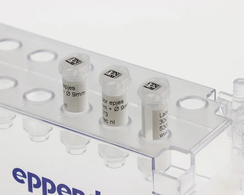 Drie transparante microbuisjes met witte cryogene labels geplaatst in een transparant kunststof rek van Eppendorf