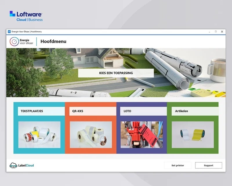 Loftware Cloud Business hoofdmenu met toepassingen voor tekstplaatjes, QR KKS-labels, Lockout Tagout tags en artikelidentificatie