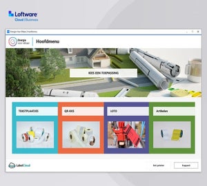 Loftware Cloud Business hoofdmenu met toepassingen voor tekstplaatjes, QR KKS-labels, Lockout Tagout tags en artikelidentificatie