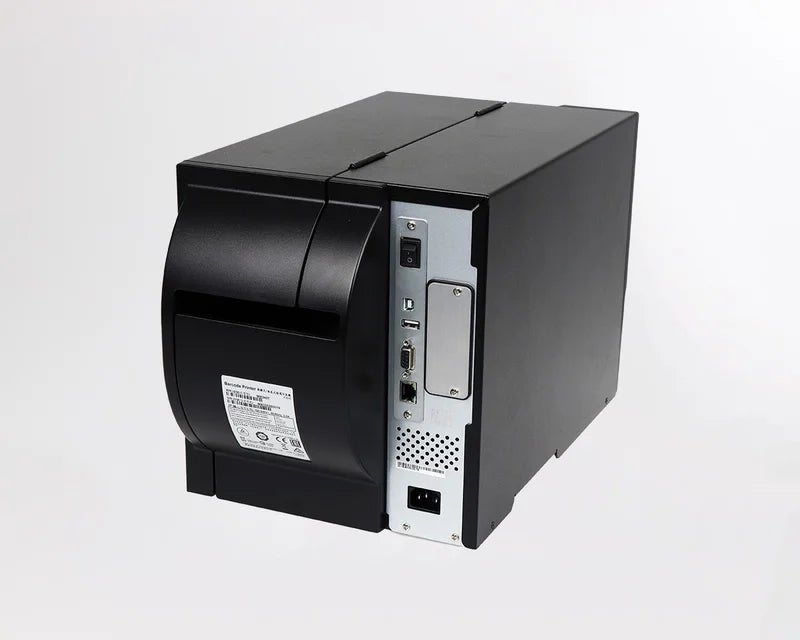 Achterzijde van de ATP-3000 labelprinter met aansluitingen voor USB, netwerk en voeding