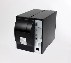 Achterzijde van de ATP-3000 labelprinter met aansluitingen voor USB, netwerk en voeding