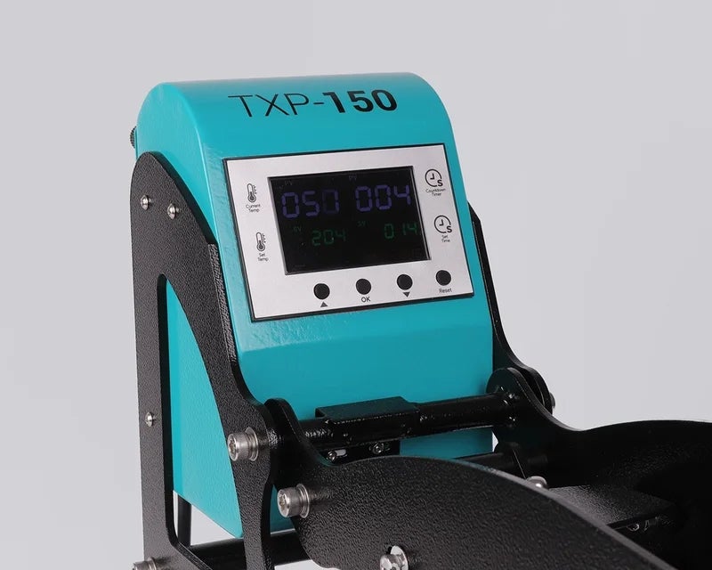 Digitaal bedieningspaneel van de TXP-150 hittepers met instelbare temperatuur- en tijdsinstellingen voor het aanbrengen van kledinglabels