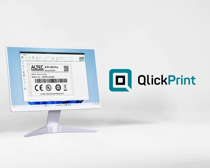 QlickPrint labelsoftware weergegeven op een computerscherm voor het ontwerpen, beheren en printen van industriële labels