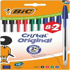 Balpen Bic Cristal medium assorti blister à 8+2 gr