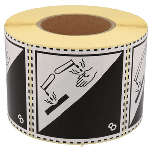 DULA Waarschuwingsetiket ADR Klasse 8 Bijtende stoffen 100x100 mm - Kern 76mm - 1000 per rol