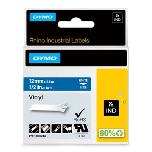 Labeltape Dymo Rhino industrieel vinyl 12mm wit op