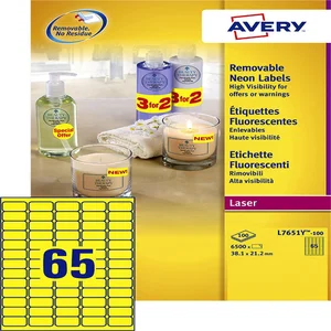 Etiket Avery L7651Y-100 38.1x21.2mm neon geel 6500