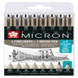Fineliner Sakura Pigma Micron 6 schrijfbreedtes, brushpen en PN zwart