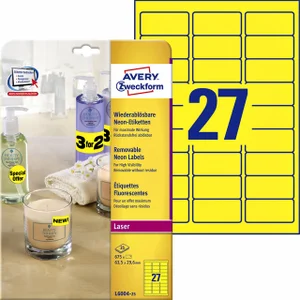 Etiket Avery L6004-25 63.5x29.6 neon geel 675 stuk