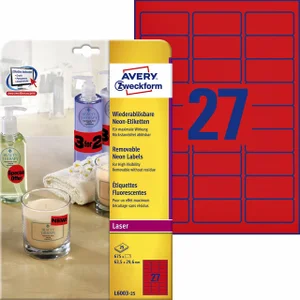 Etiket Avery L6003-25 63.5x29.6 neon rood 675 stuk