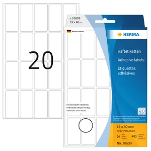 Etiket HERMA 10609 19x40mm verwijderbaar wit 480 s