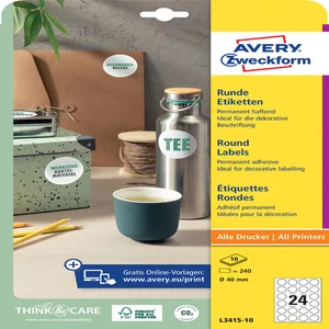 Etiket Avery L3415-10 rond 40mm wit 240 stuks