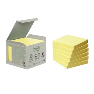 Memoblok Post-it 654-1B 76x76mm recycled geel 6 st