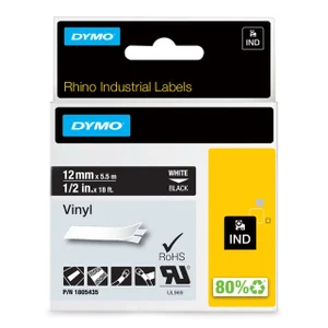 Labeltape Dymo Rhino industrieel vinyl 12mm wit op