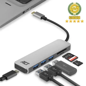 Hub ACT USB-C 3.0, 3x USB-A cardreader PD p-throug