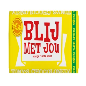 Chocolade Tony's Chocolonely melk noga blij met jo