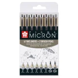 Fineliner Sakura Pigma Micron 6 schrijfbreedtes - 2 brushpen koudgrijs