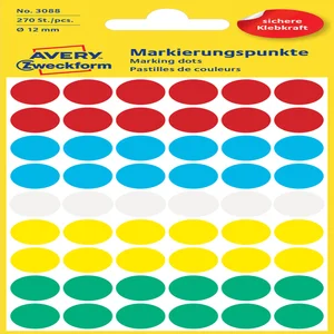 Etiket Avery 3088 rond 12mm assorti 270 stuks