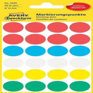 Etiket Avery 3089 rond 18mm assorti 96 stuks